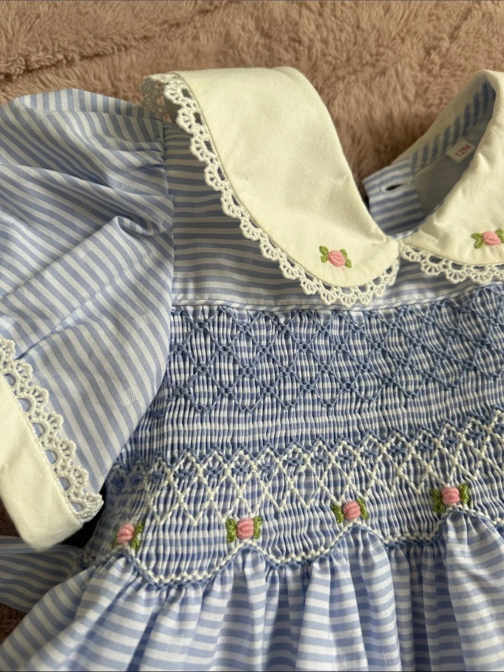 Smocked Blue & Cream Peter Pan Collar Kids Dress